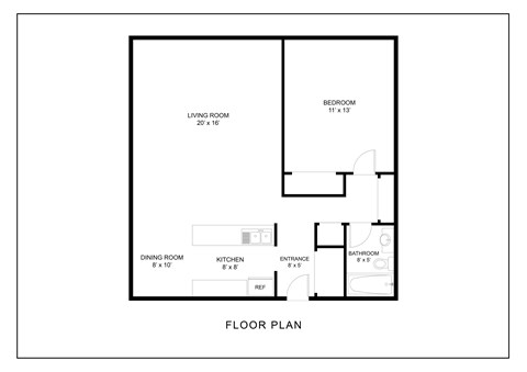 Floor plan for 1 bed, 1 bath, 855 sqft